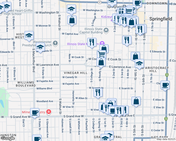 map of restaurants, bars, coffee shops, grocery stores, and more near 816 South Pasfield Street in Springfield