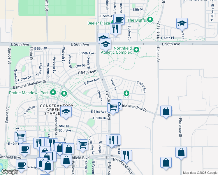 map of restaurants, bars, coffee shops, grocery stores, and more near 5264 Central Park Boulevard in Denver