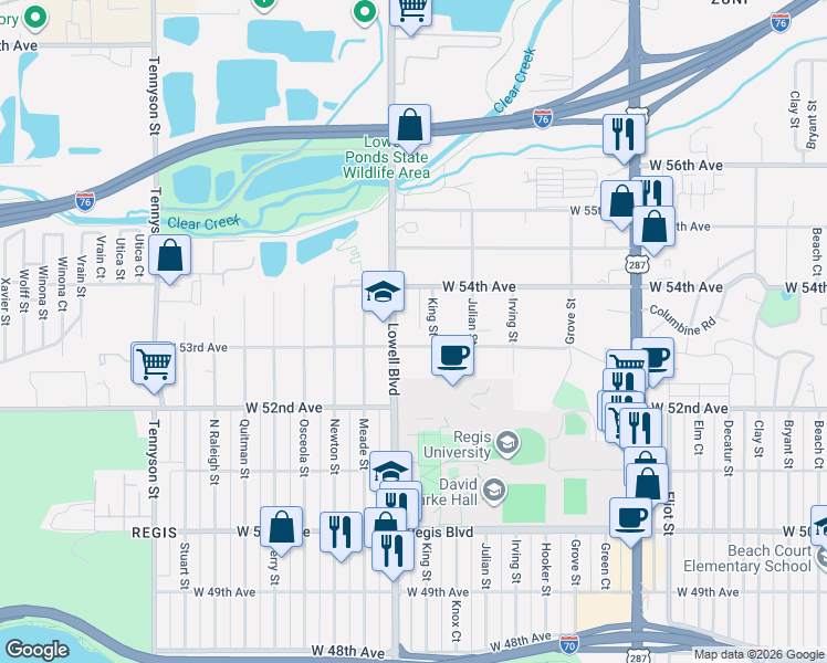 map of restaurants, bars, coffee shops, grocery stores, and more near 5312 Lowell Boulevard in Denver