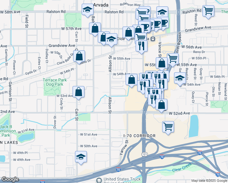map of restaurants, bars, coffee shops, grocery stores, and more near 5310 Allison Street in Arvada