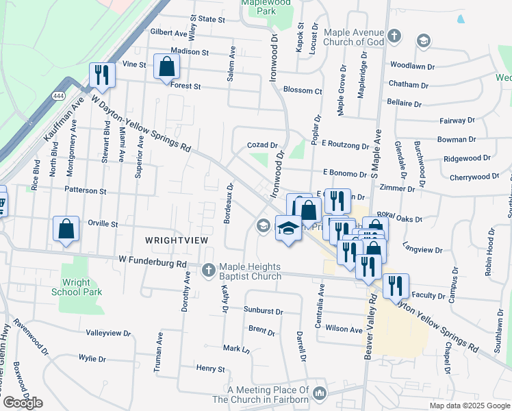 map of restaurants, bars, coffee shops, grocery stores, and more near 112 West Dayton-Yellow Springs Road in Fairborn