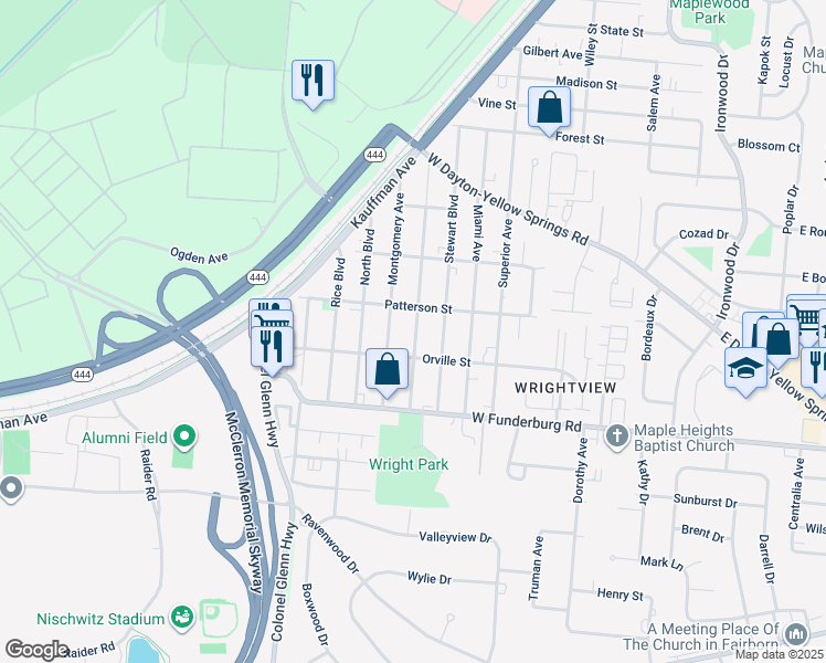 map of restaurants, bars, coffee shops, grocery stores, and more near 1812 Wilbur Avenue in Fairborn