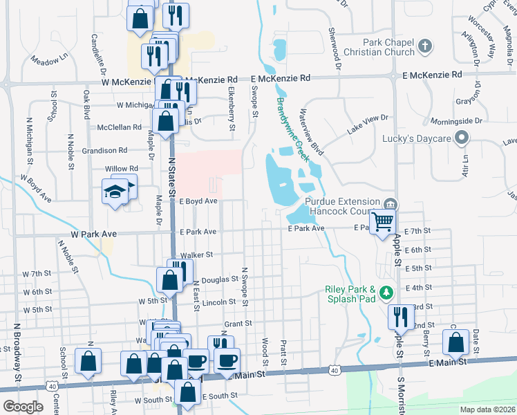 map of restaurants, bars, coffee shops, grocery stores, and more near 745 North Swope Street in Greenfield
