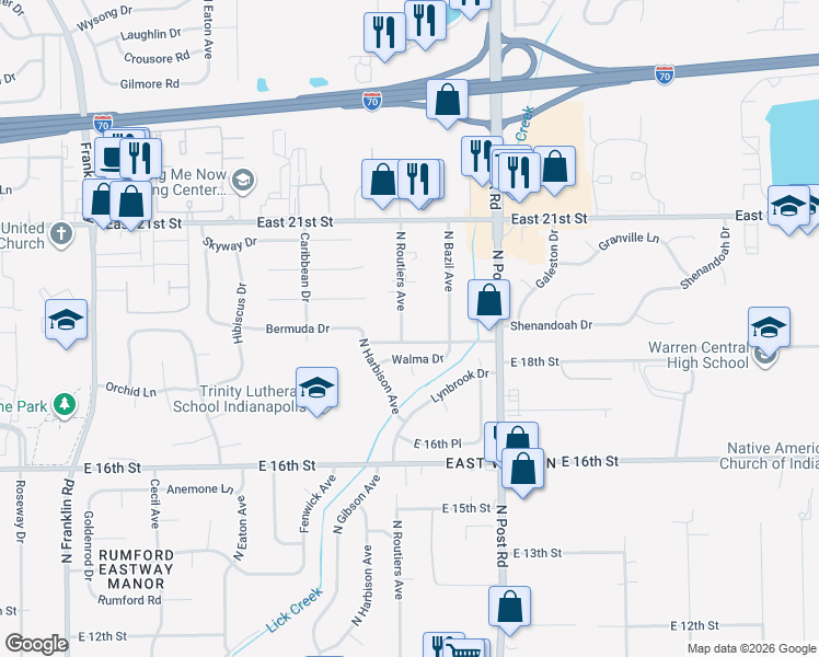 map of restaurants, bars, coffee shops, grocery stores, and more near 1821 North Routiers Avenue in Indianapolis