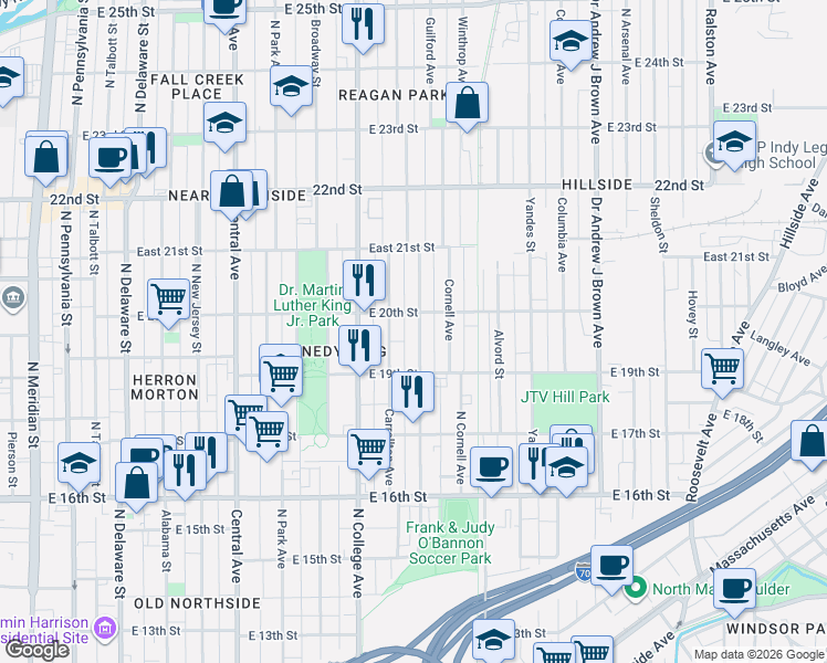 map of restaurants, bars, coffee shops, grocery stores, and more near 1949 Bellefontaine Street in Indianapolis
