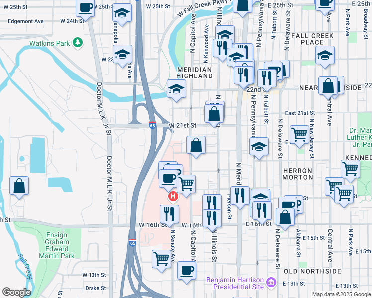map of restaurants, bars, coffee shops, grocery stores, and more near 2014 North Capitol Avenue in Indianapolis