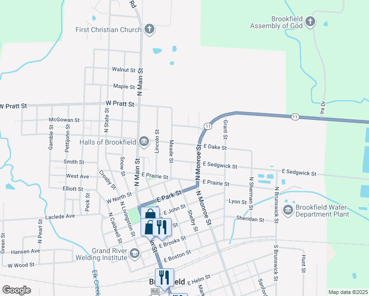 map of restaurants, bars, coffee shops, grocery stores, and more near 334-398 East Dake Street in Brookfield