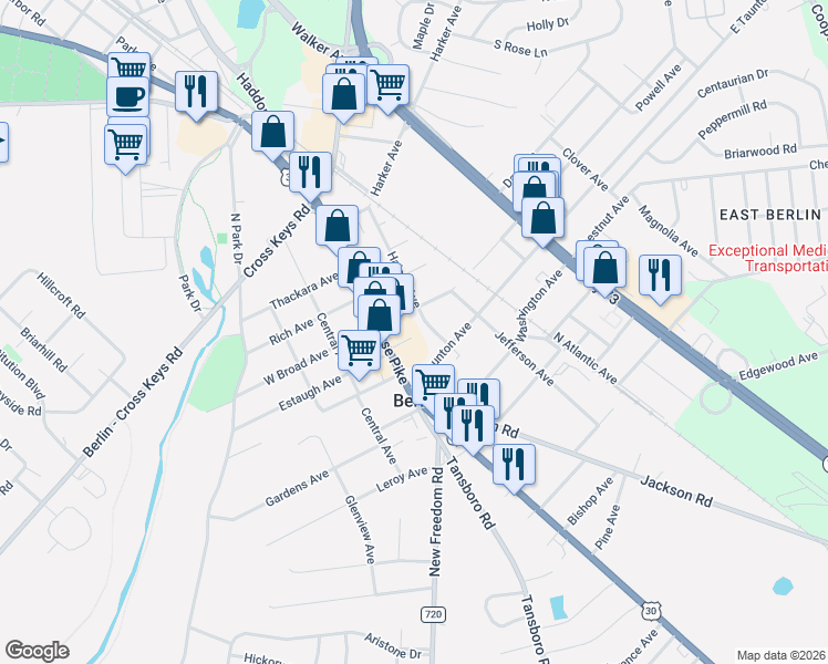 map of restaurants, bars, coffee shops, grocery stores, and more near 56 Haines Avenue in Berlin Township