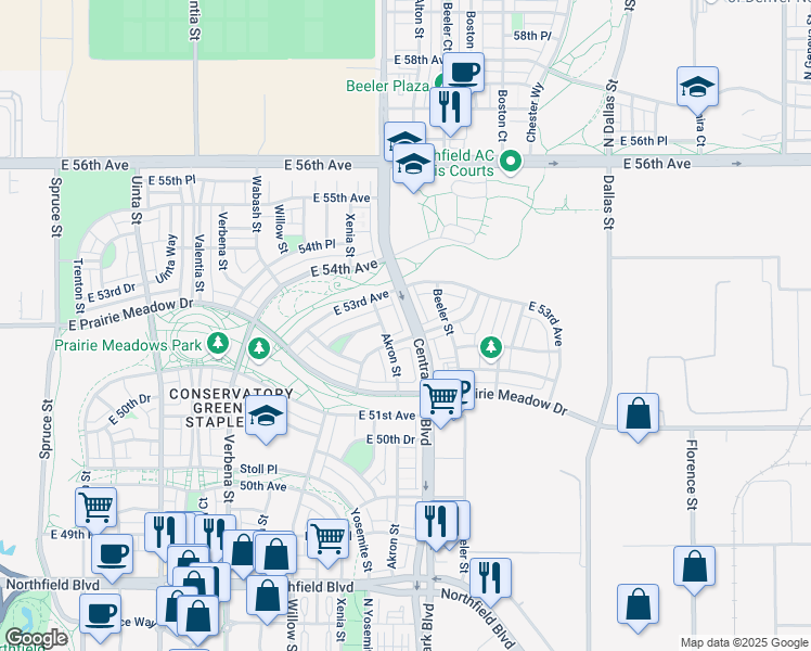map of restaurants, bars, coffee shops, grocery stores, and more near 5229 Central Park Boulevard in Denver
