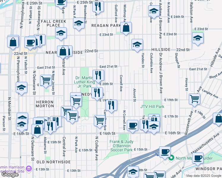 map of restaurants, bars, coffee shops, grocery stores, and more near 1949 Bellefontaine Street in Indianapolis