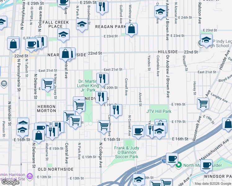 map of restaurants, bars, coffee shops, grocery stores, and more near 1949 Bellefontaine Street in Indianapolis
