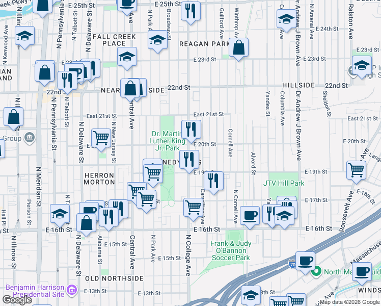 map of restaurants, bars, coffee shops, grocery stores, and more near 1939 North College Avenue in Indianapolis