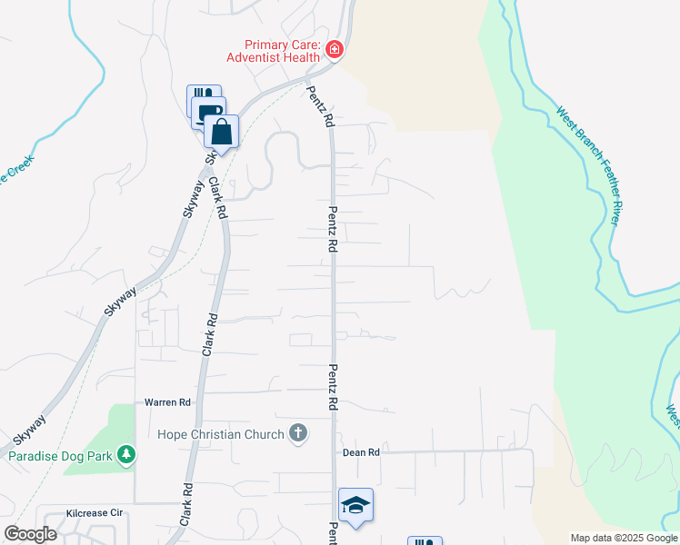 map of restaurants, bars, coffee shops, grocery stores, and more near 7134 Pentz Road in Paradise