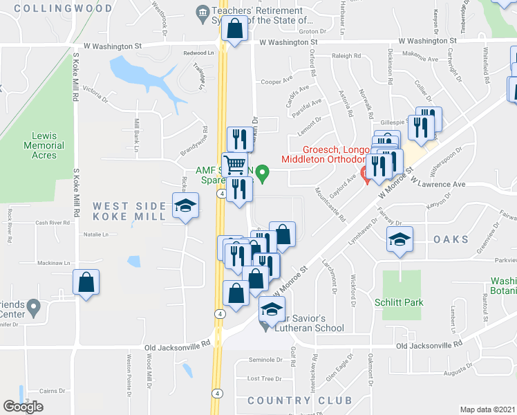 map of restaurants, bars, coffee shops, grocery stores, and more near 750 South Durkin Drive in Springfield