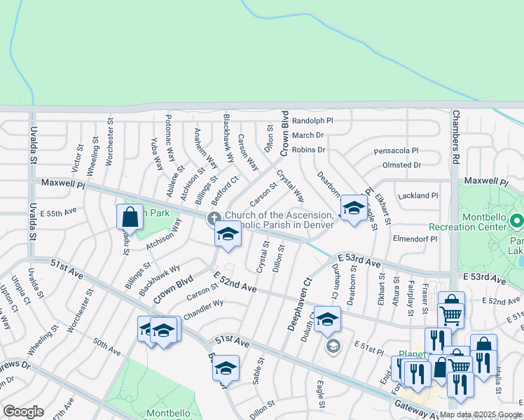 map of restaurants, bars, coffee shops, grocery stores, and more near 5509 Chandler Court in Denver