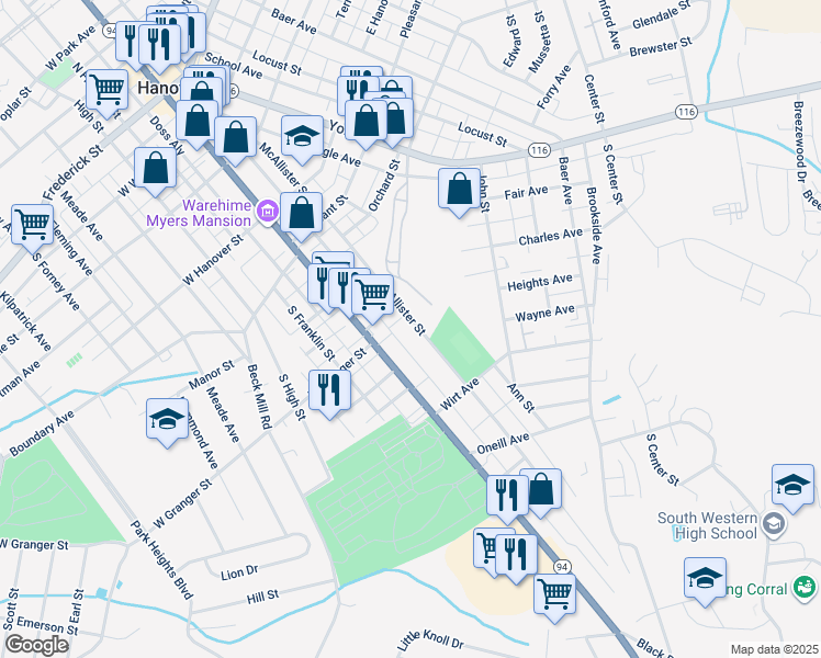 map of restaurants, bars, coffee shops, grocery stores, and more near 553 McAllister Street in Hanover