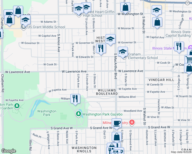 map of restaurants, bars, coffee shops, grocery stores, and more near 822 South Illinois Street in Springfield