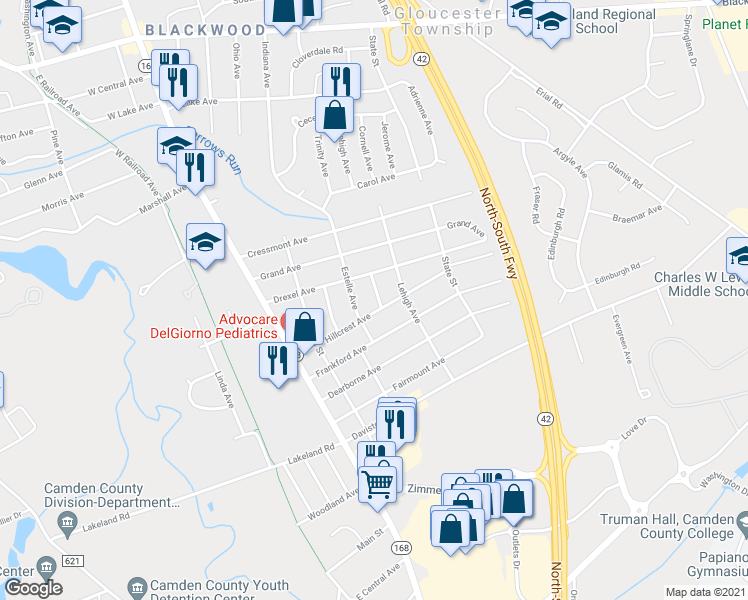map of restaurants, bars, coffee shops, grocery stores, and more near 524 Mathews Avenue in Camden County