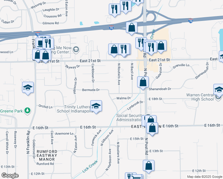 map of restaurants, bars, coffee shops, grocery stores, and more near 8727 Bermuda Dr in Indianapolis