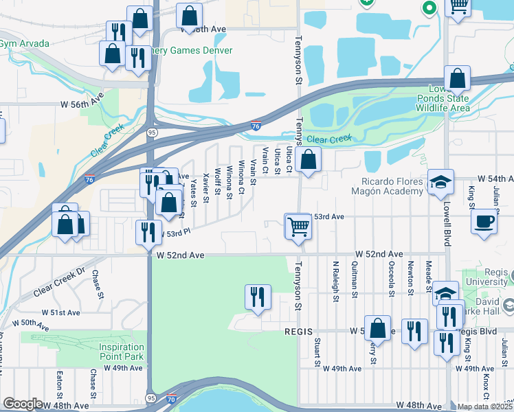 map of restaurants, bars, coffee shops, grocery stores, and more near 185 Vrain Street in Denver