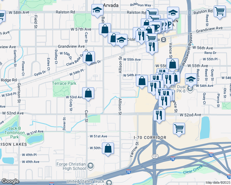 map of restaurants, bars, coffee shops, grocery stores, and more near 5325 Allison Street in Arvada