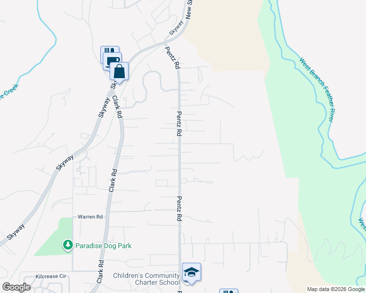map of restaurants, bars, coffee shops, grocery stores, and more near 7134 Pentz Road in Paradise