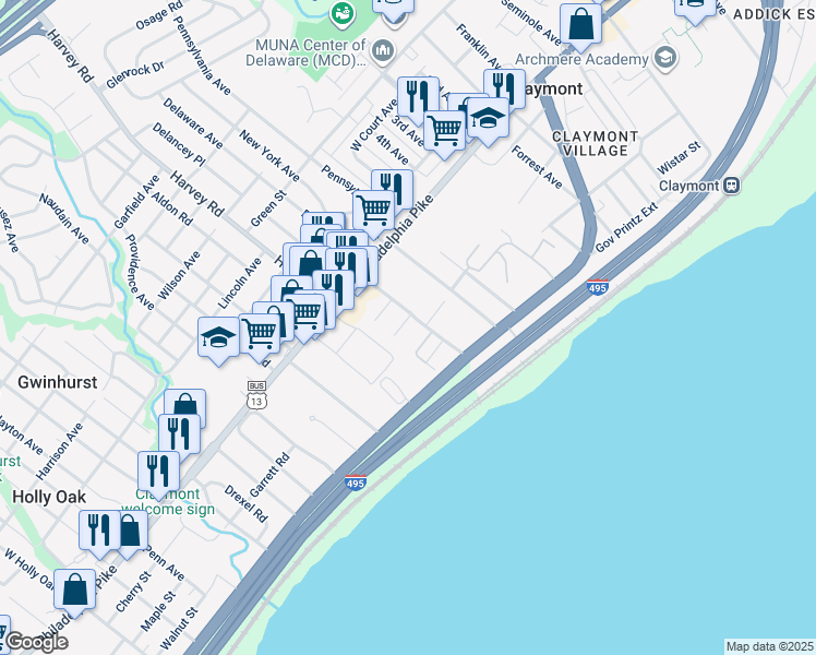 map of restaurants, bars, coffee shops, grocery stores, and more near 16 East Rivers End Drive in Claymont