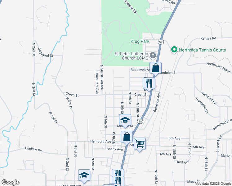 map of restaurants, bars, coffee shops, grocery stores, and more near 707 Green Street in Saint Joseph