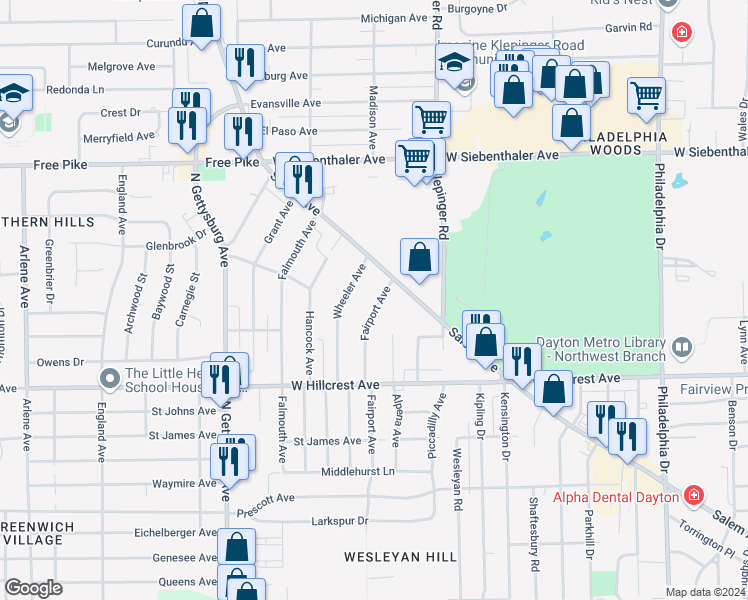 map of restaurants, bars, coffee shops, grocery stores, and more near 2625 Fairport Avenue in Dayton