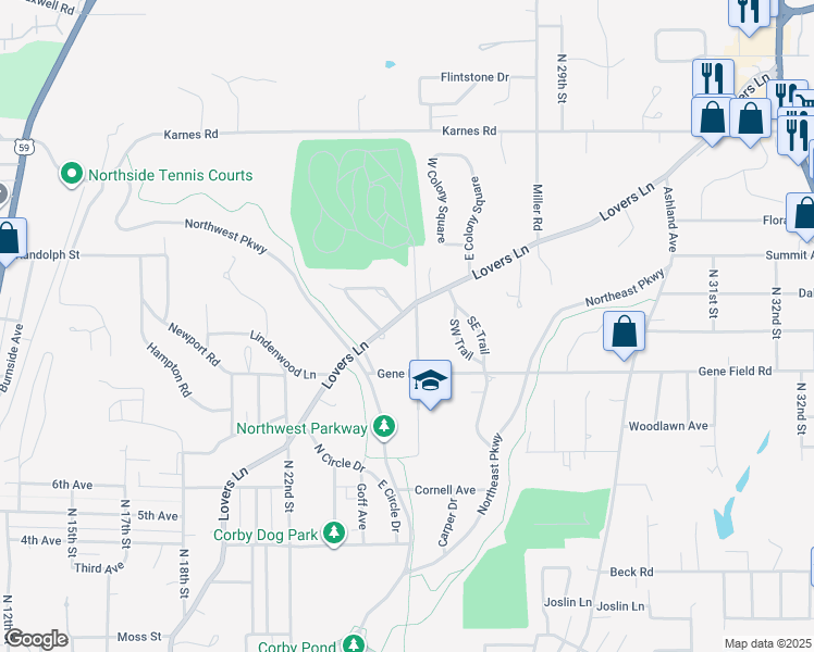 map of restaurants, bars, coffee shops, grocery stores, and more near 2520 Lovers Lane in Saint Joseph