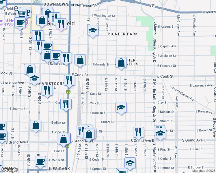 map of restaurants, bars, coffee shops, grocery stores, and more near 1200-1298 E Lawrence Ave in Springfield