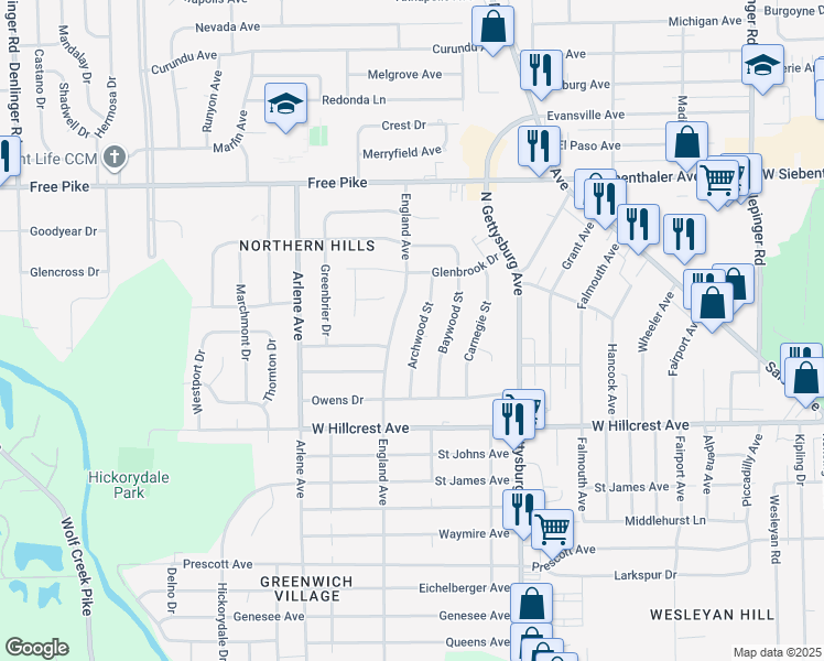 map of restaurants, bars, coffee shops, grocery stores, and more near 2503 Archwood Street in Dayton
