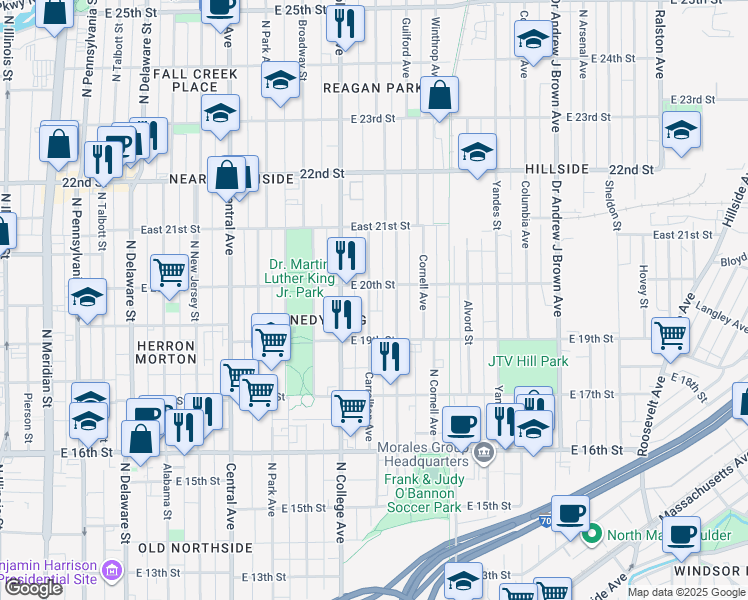 map of restaurants, bars, coffee shops, grocery stores, and more near 1945 Carrollton Avenue in Indianapolis