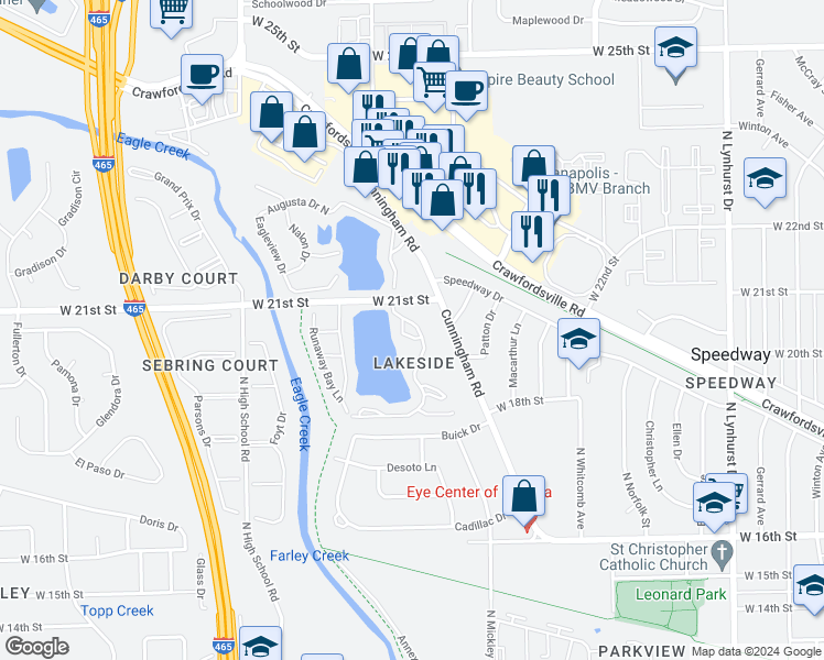map of restaurants, bars, coffee shops, grocery stores, and more near 19 High Eagle Trail in Speedway