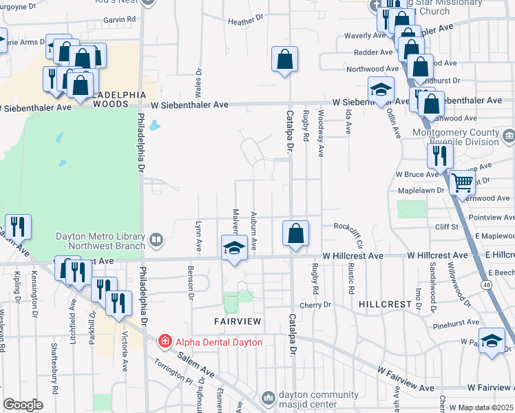 map of restaurants, bars, coffee shops, grocery stores, and more near 2512 Auburn Avenue in Dayton