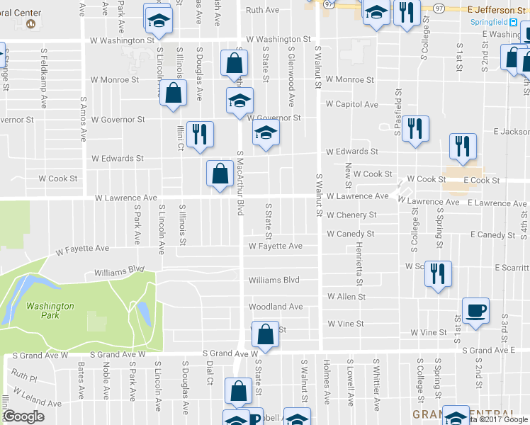 map of restaurants, bars, coffee shops, grocery stores, and more near 821 South State Street in Springfield