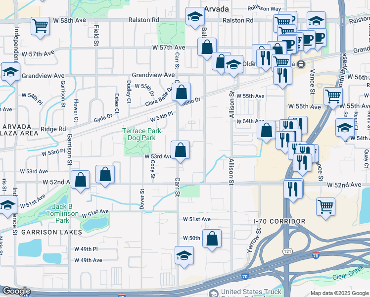 map of restaurants, bars, coffee shops, grocery stores, and more near 8345 West 53rd Place in Arvada