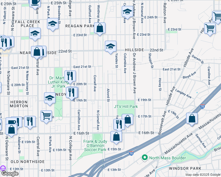map of restaurants, bars, coffee shops, grocery stores, and more near 1947 Alvord Street in Indianapolis