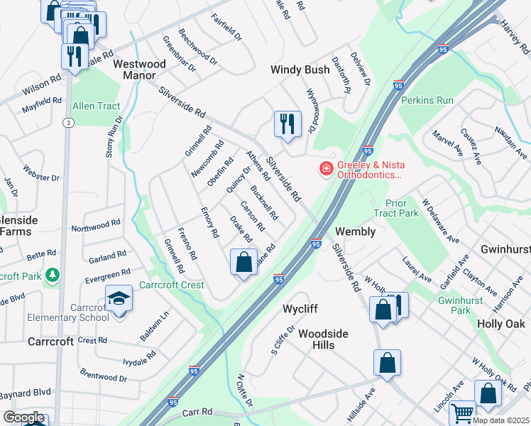 map of restaurants, bars, coffee shops, grocery stores, and more near 1410 Bucknell Road in Wilmington