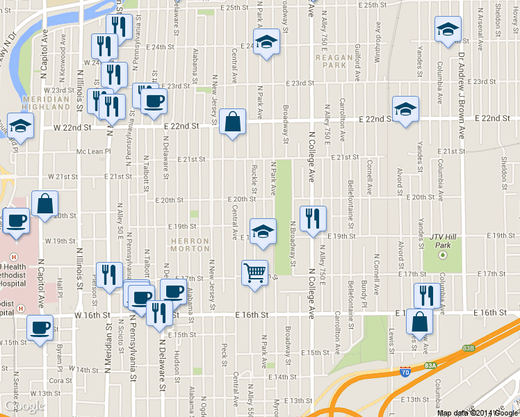 map of restaurants, bars, coffee shops, grocery stores, and more near 1951 Ruckle Street in Indianapolis