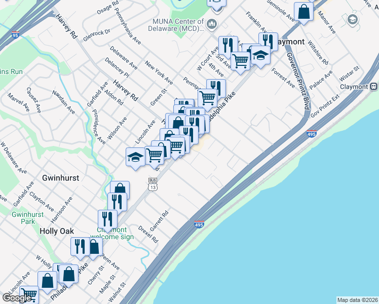 map of restaurants, bars, coffee shops, grocery stores, and more near 2616 Philadelphia Pike in Claymont