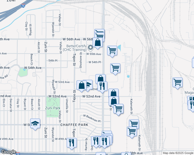 map of restaurants, bars, coffee shops, grocery stores, and more near 5335 Pecos Way in Denver