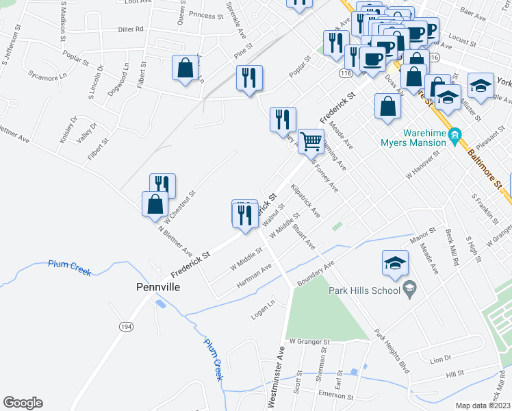 map of restaurants, bars, coffee shops, grocery stores, and more near 513 Frederick Street in Hanover