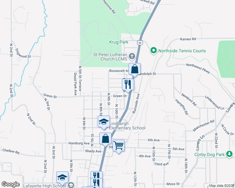 map of restaurants, bars, coffee shops, grocery stores, and more near 1001 Green Street in Saint Joseph