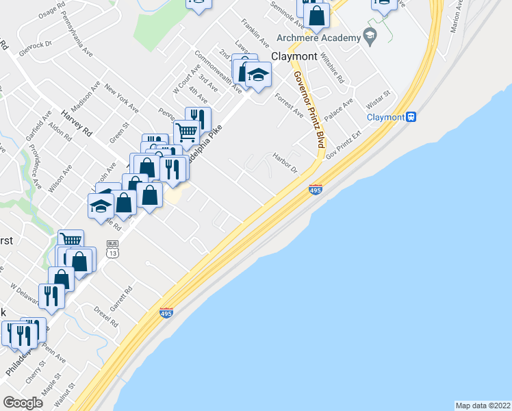 map of restaurants, bars, coffee shops, grocery stores, and more near 143 Princeton Avenue in Claymont