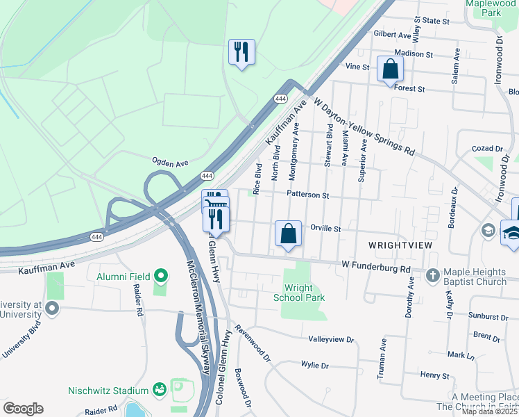 map of restaurants, bars, coffee shops, grocery stores, and more near 1830 Rice Boulevard in Fairborn