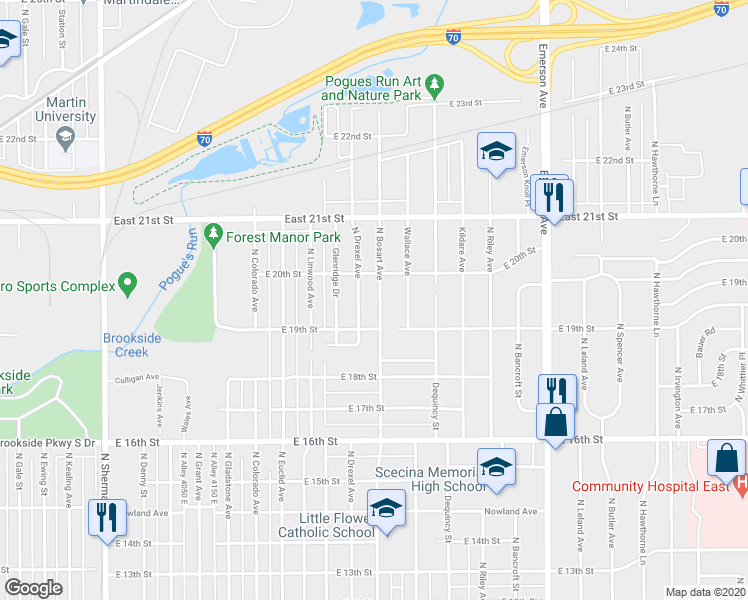 map of restaurants, bars, coffee shops, grocery stores, and more near 1934 North Bosart Avenue in Indianapolis
