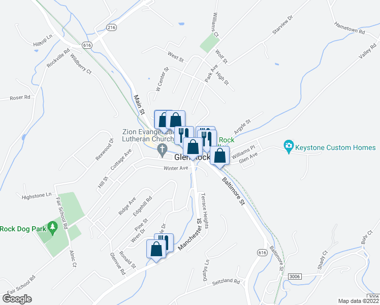 map of restaurants, bars, coffee shops, grocery stores, and more near 17 Main Street in Glen Rock