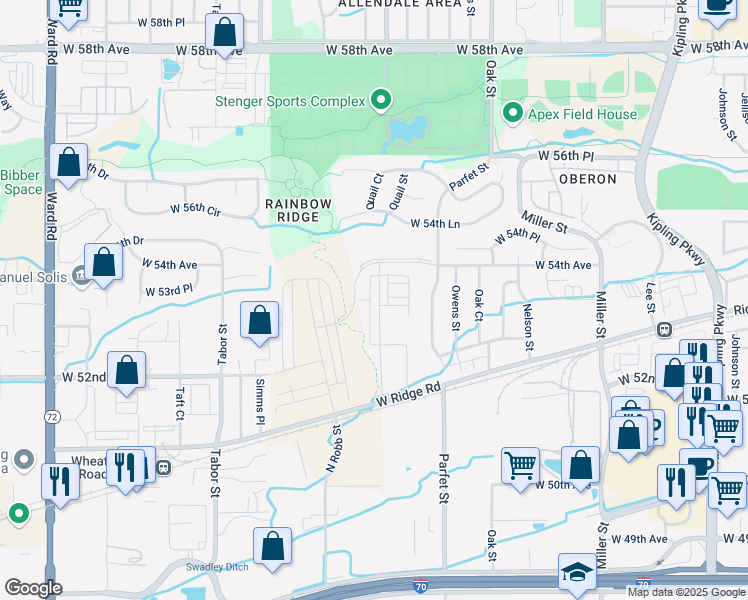 map of restaurants, bars, coffee shops, grocery stores, and more near 5342 Quail Way in Arvada
