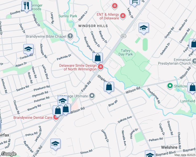 map of restaurants, bars, coffee shops, grocery stores, and more near 1818 Shipley Road in Wilmington